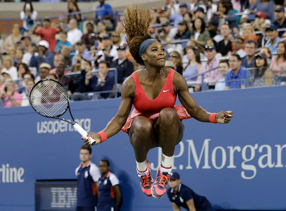 Serena Williams reacts after beating Victoria Azarenka, of Belarus, during the women's singles final of the 2013 US Open tennis tournament.