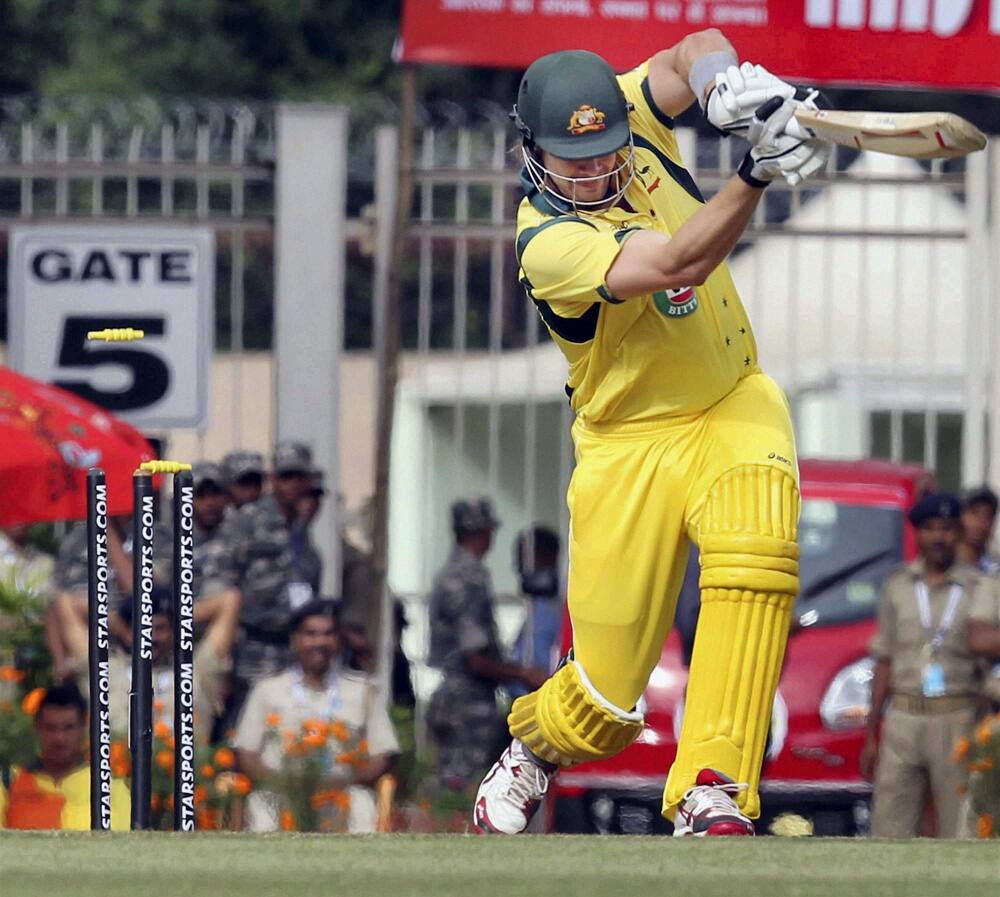 Australia's S Watson is bowled out by India's M Shami during the 4th ODI cricket match in Ranchi.