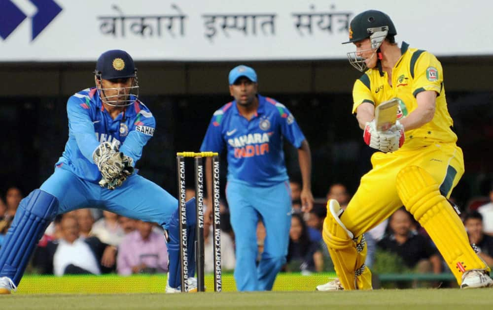 Australia's G Bailey plays a shot against India during the 4th ODI cricket match in Ranchi.