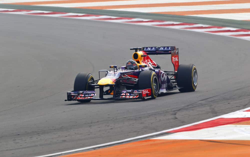 Red Bull driver Sebastian Vettel of Germany steers his car during the third practice session at the Indian Formula One Grand Prix at the Buddh International Circuit in Noida.