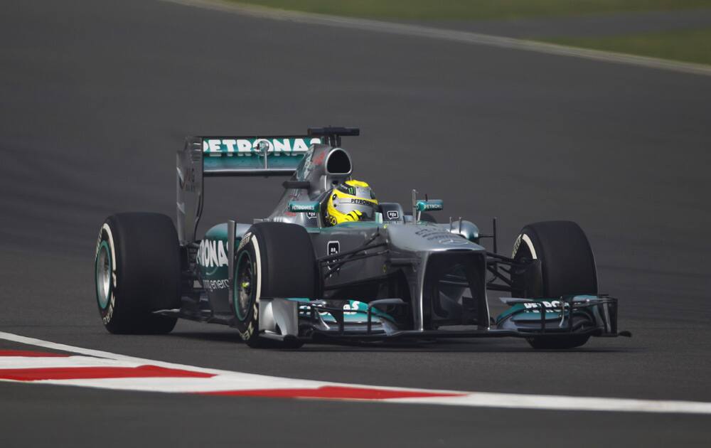 Mercedes driver Nico Rosberg of Germany steers his car during the third practice session at the Indian Formula One Grand Prix at the Buddh International Circuit in Noida.