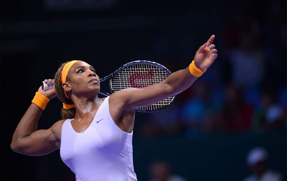 Serena Williams of the U.S prepares to return a shot to Li Na of China during their final tennis match at the WTA Championship in Istanbul, Turkey.