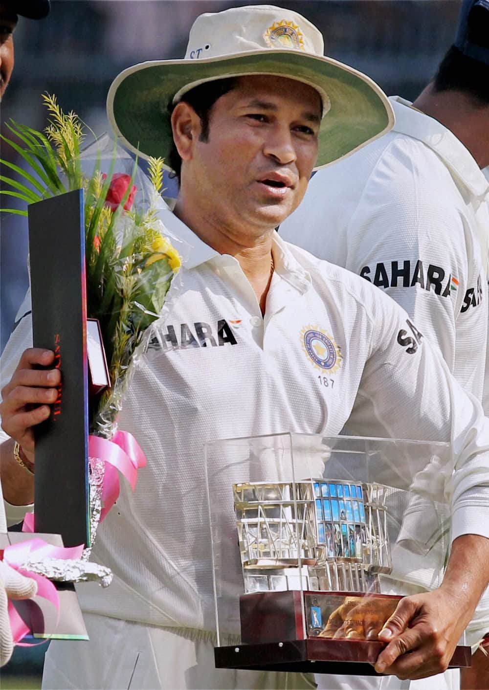 Sachin Tendulkar after being felicitated by Cricket Association of Bengal on his 199th test match againist West Indies at Eden Garden in Kolkata.