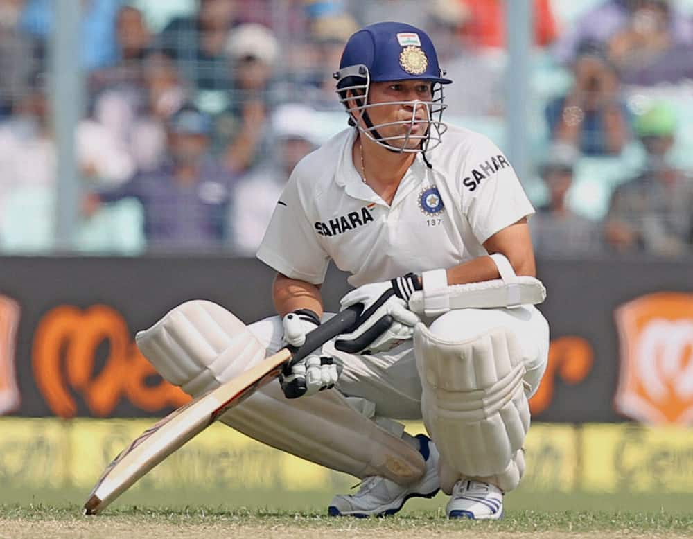 Sachin Tendulkar in action on the second day of the first test match at Eden Garden in Kolkata.