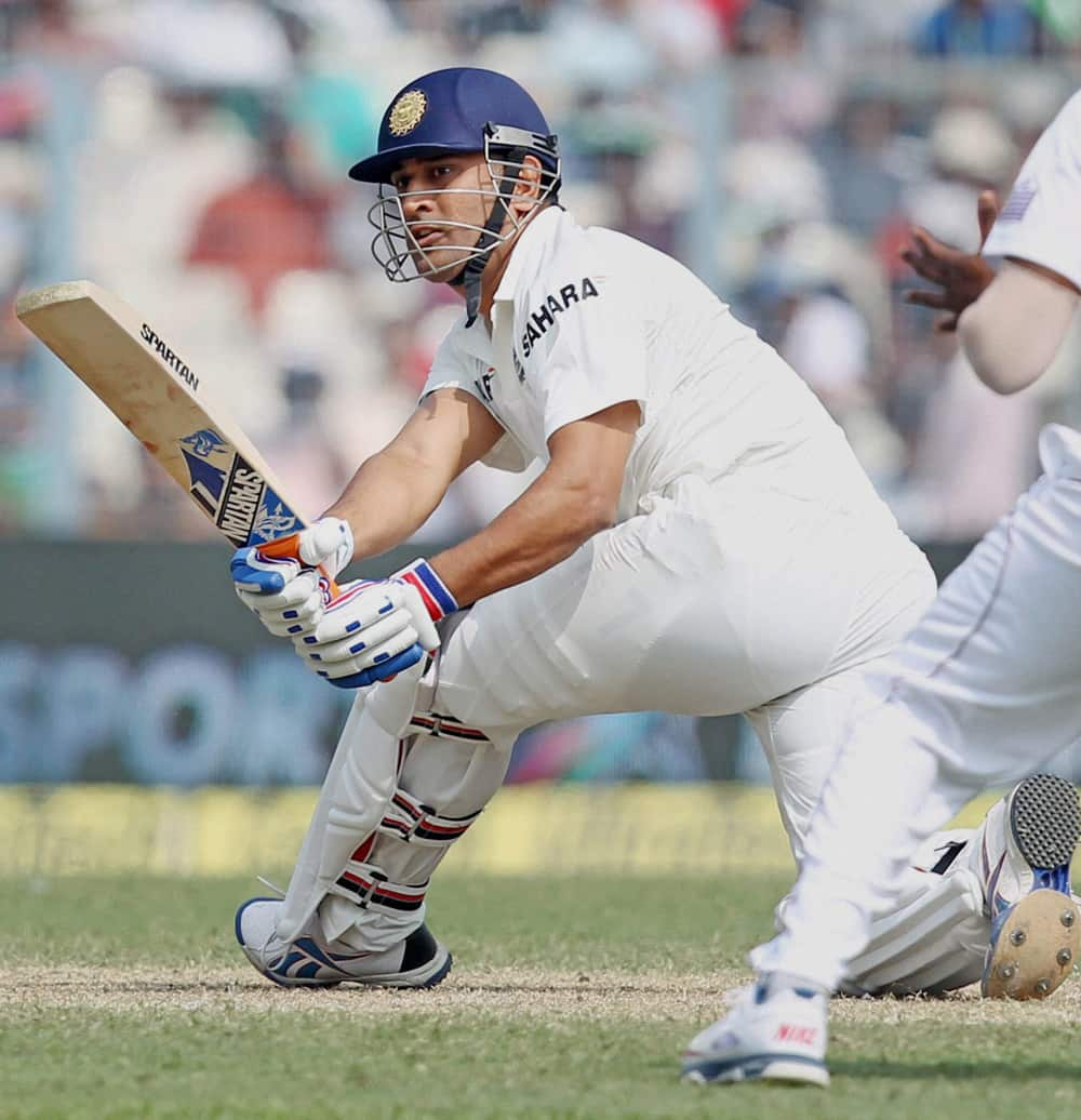 MS Dhoni in action on the 2nd day of the first test match at Eden Garden in Kolkata.