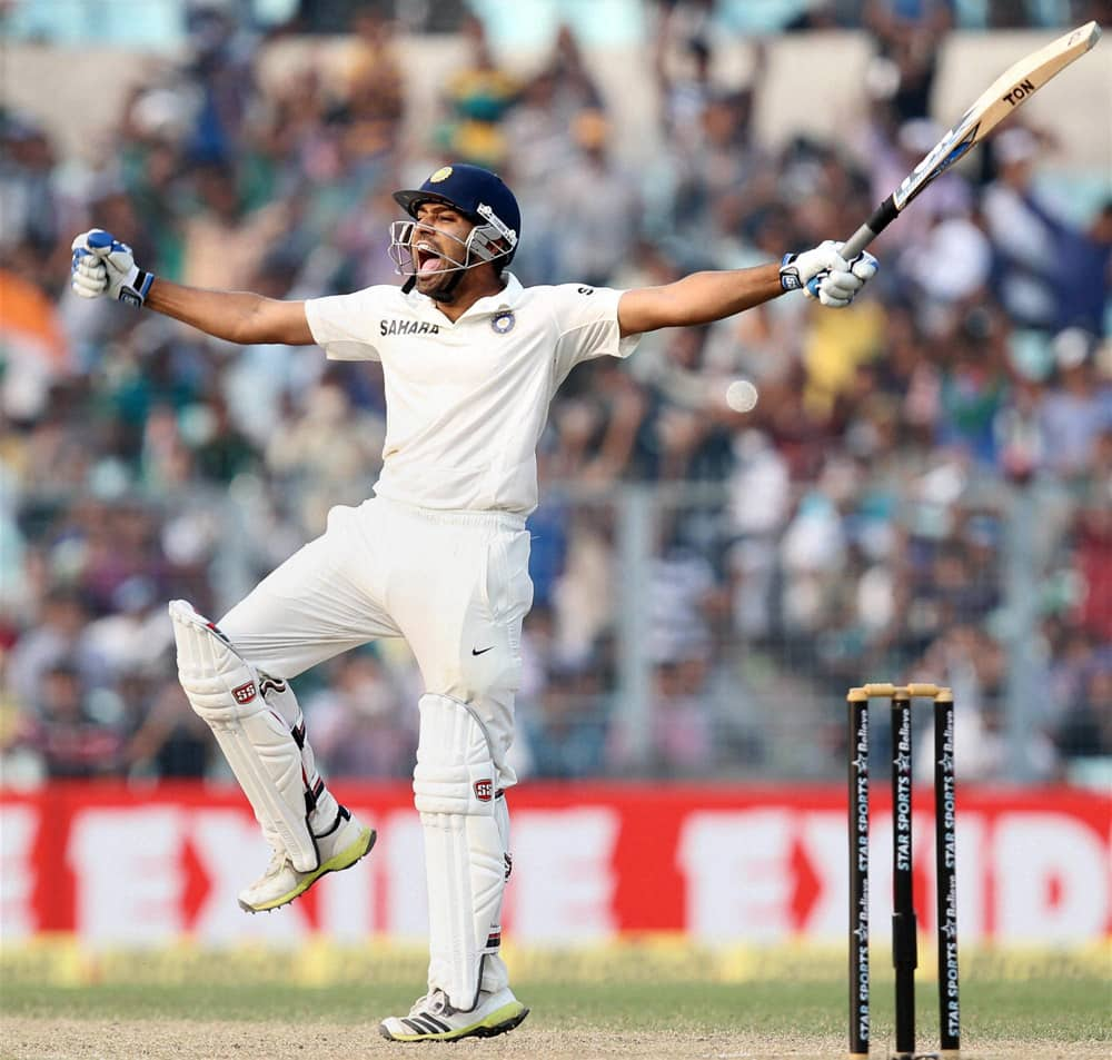 Rohit Sharma celebrates his century during Frist Test match 2nd day againist West Indies in Kolkata.