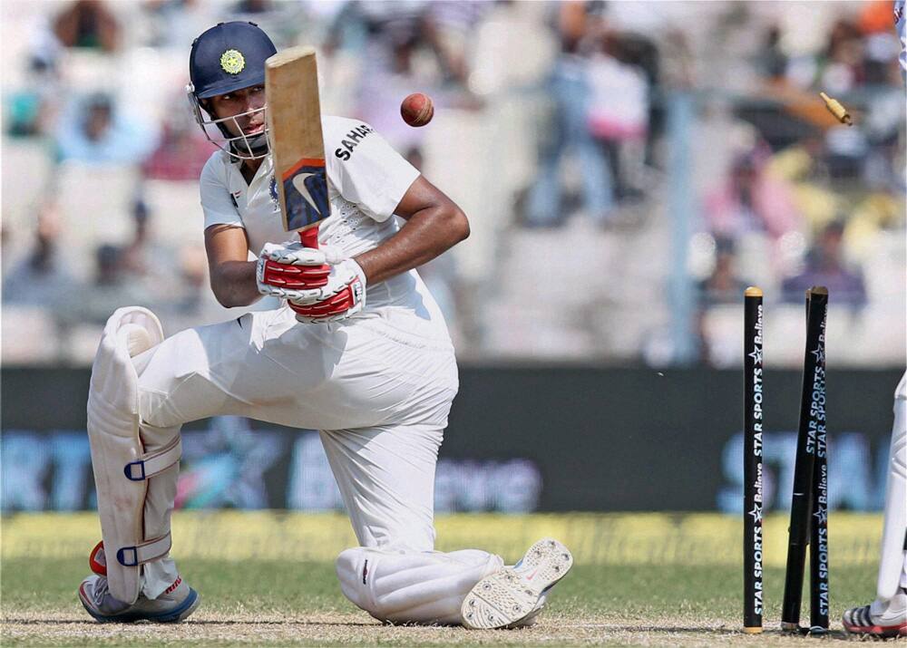 Ravichandran Ashwin is bowled during the 3rd day of the first Test Match against West Indies at Eden Garden in Kolkata.