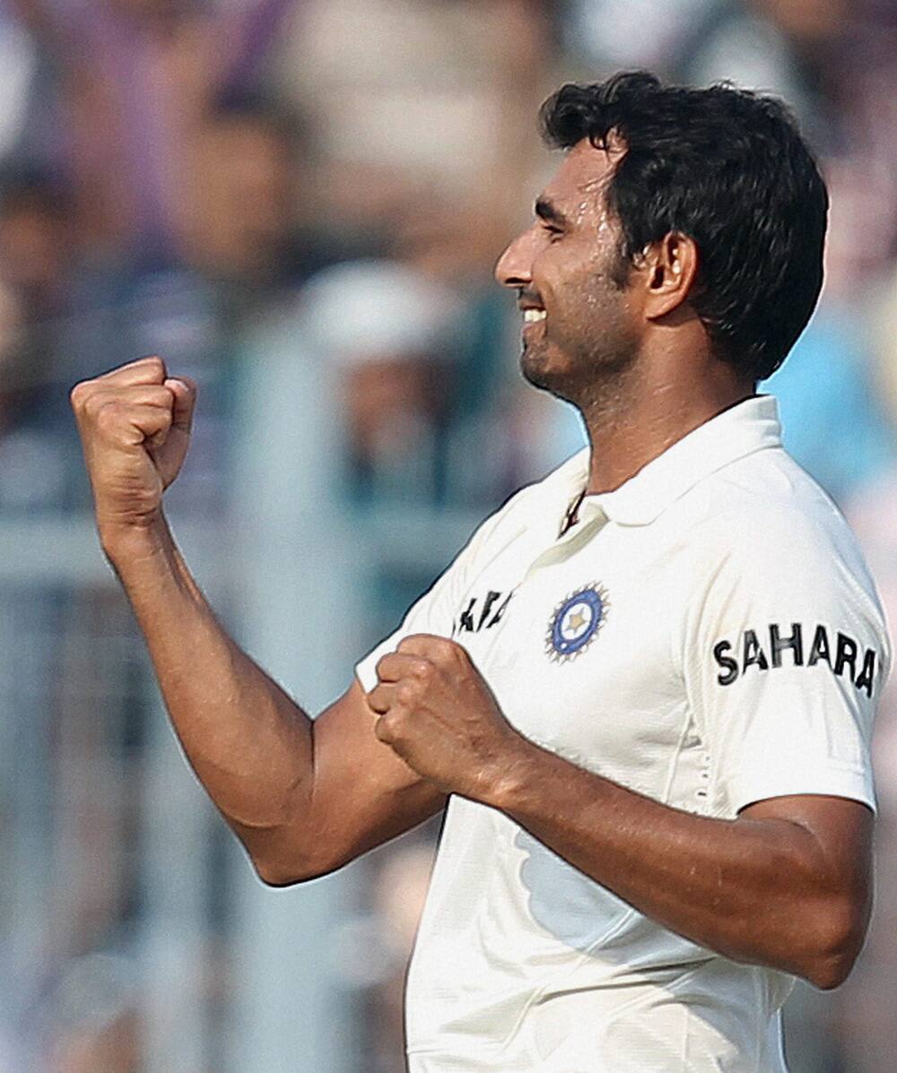 Mohammed Shami reacts after dismissing West Indies batsman D.Ramdin on 3rd day of the first test match at Eden Garden in Kolkata.