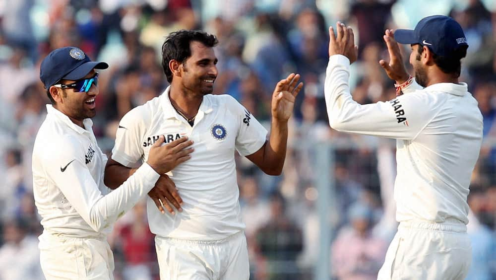 Mohammed Shami celebrates a wicket during the 3rd day of the first test match against West Indies at Eden Garden in Kolkata.