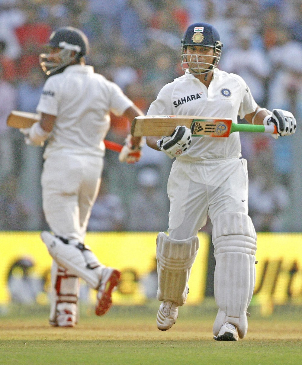 Sachin Tendulkar takes a run on Day 1 of the 2nd test match against West Indies at Wankhede Stadium in Mumbai on Thursday. Sachin is playing his last 200th Test match. 