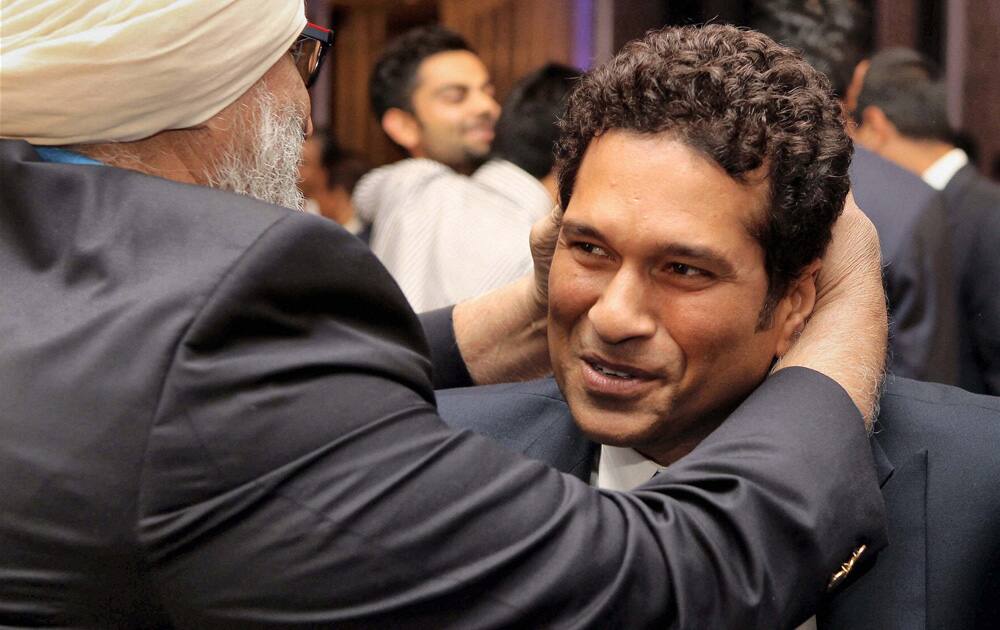 Master blaster Sachin Tendulkar and former Indian cricketer Bishan Singh Bedi during the 2nd Mansoor Ali Khan Pataudi Memorial Lecture in Mumbai.