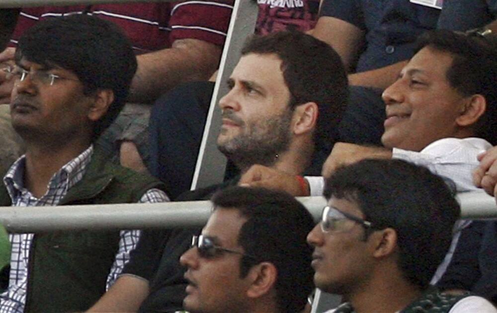 Congress Vice President Rahul Gandhi watching the batting of master blaster Sachin Tendulkar on Day 2 of the final Test match against West Indies at Wankhede Stadium in Mumbai.