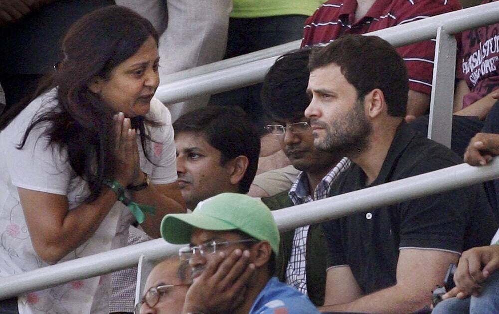 Congress Vice President Rahul Gandhi watching the batting of master blaster Sachin Tendulkar on Day 2 of the final Test match against West Indies at Wankhede Stadium in Mumbai.