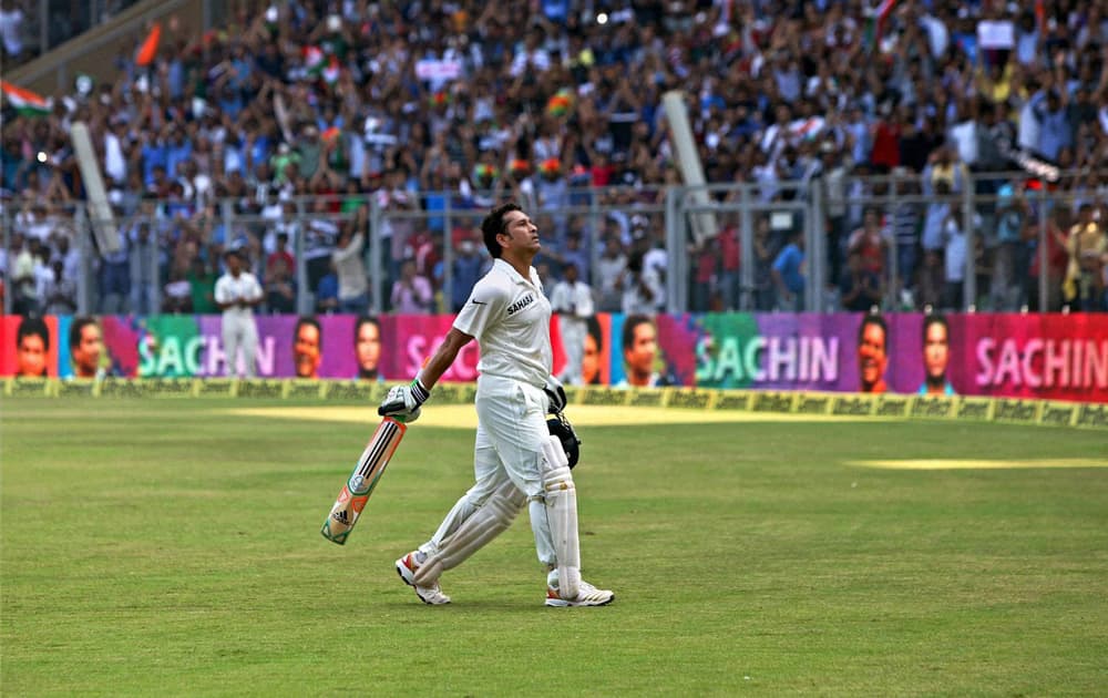 Master blaster Sachin Tendulkar walks off the field after his dismissal on Day 2 of the final Test match against West Indies at Wankhede Stadium in Mumbai.