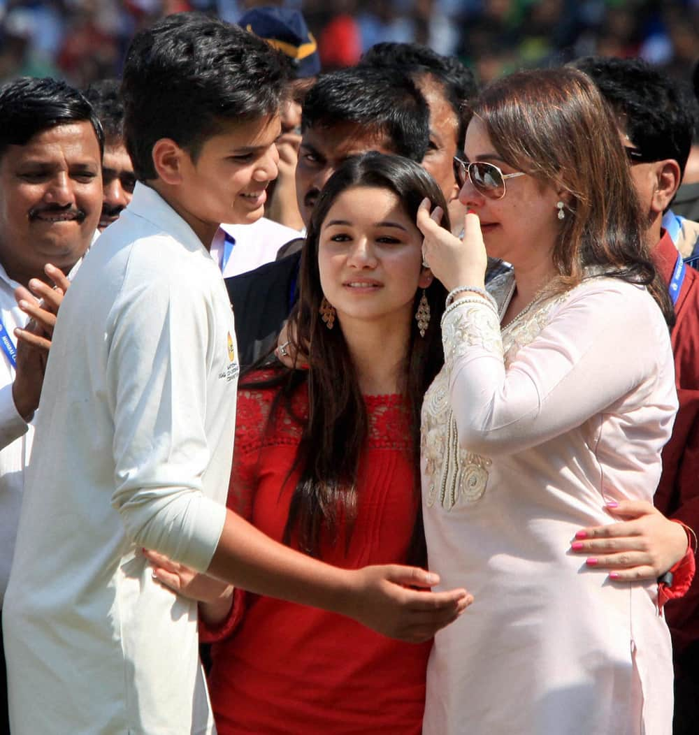 Sachin Tendulkar's wife Anjali daughter Sara and son Arjun during his farewell ceremony in Mumbai.