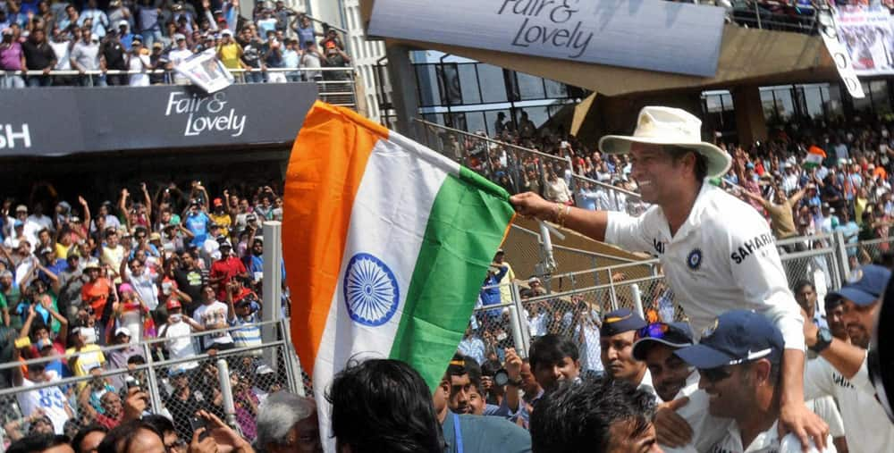 Sachin Tendulkar waves the tri-colour during his farewell ceremony at Wankhede in Mumbai.