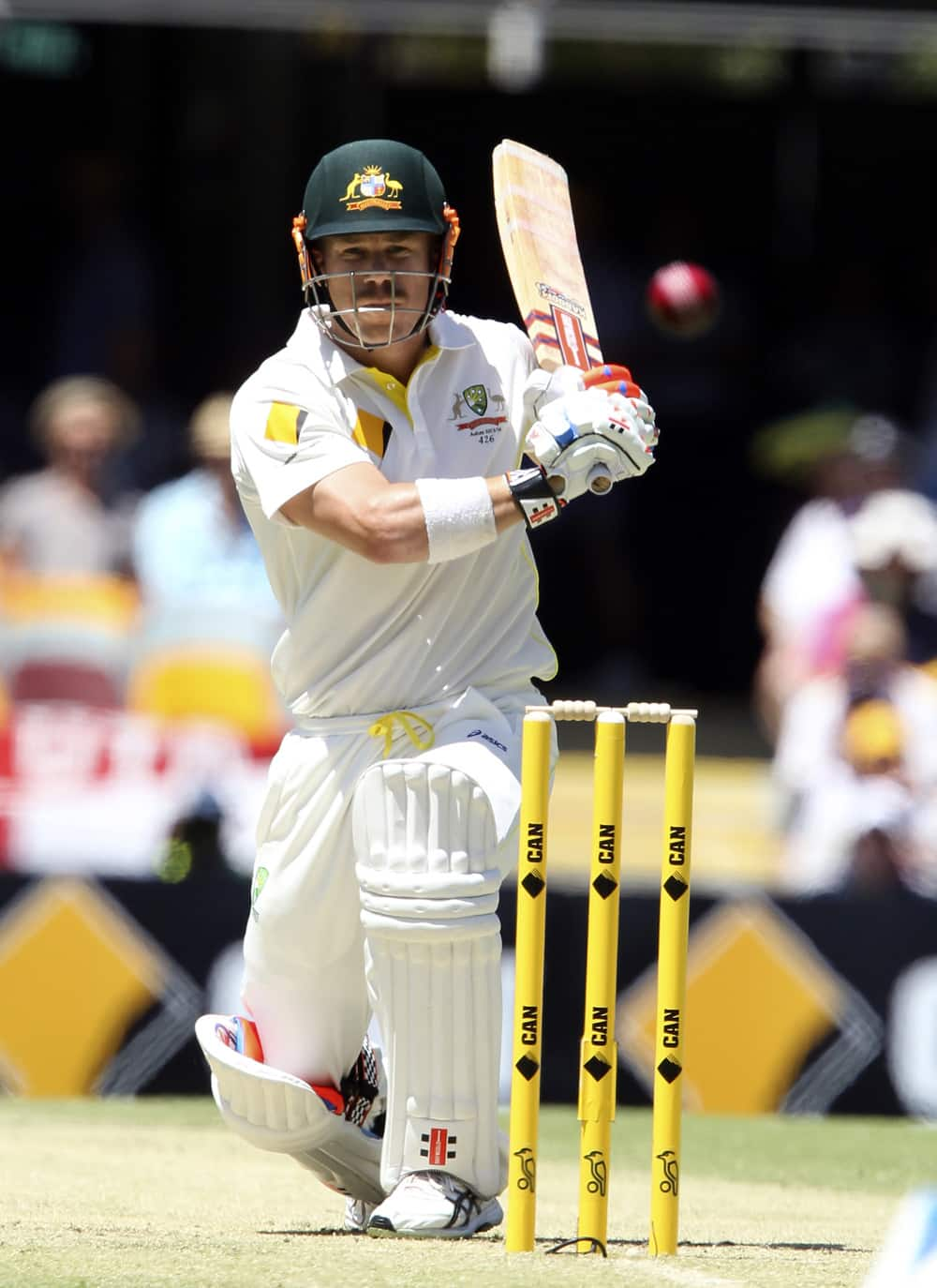 David Warner plays a shot on the first day of the series-opening Ashes test between England and Australia at the Gabba in Brisbane, Australia.