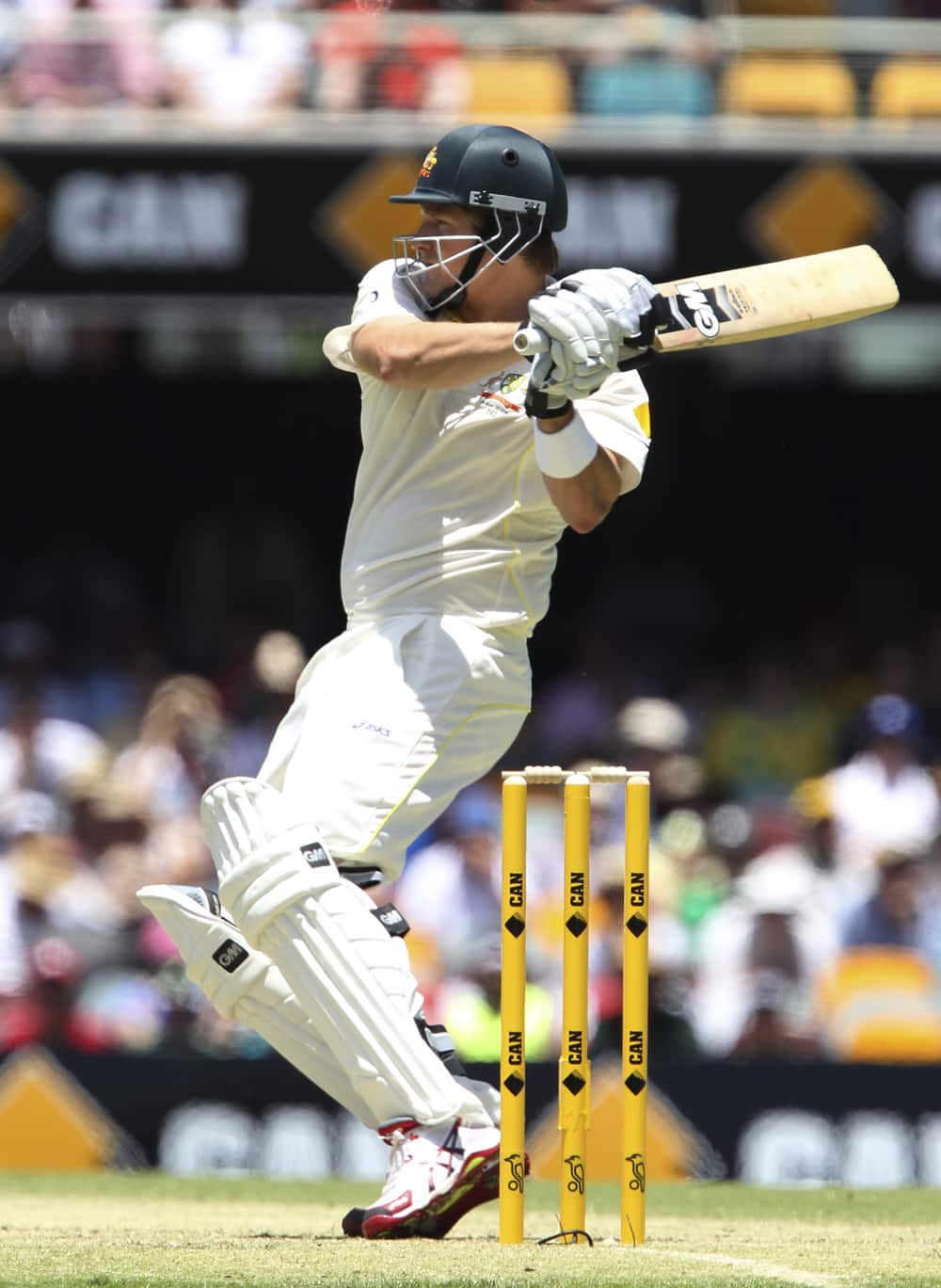 Shane Watson plays a shot on the first day of the series-opening Ashes test between England and Australia at the Gabba in Brisbane, Australia.