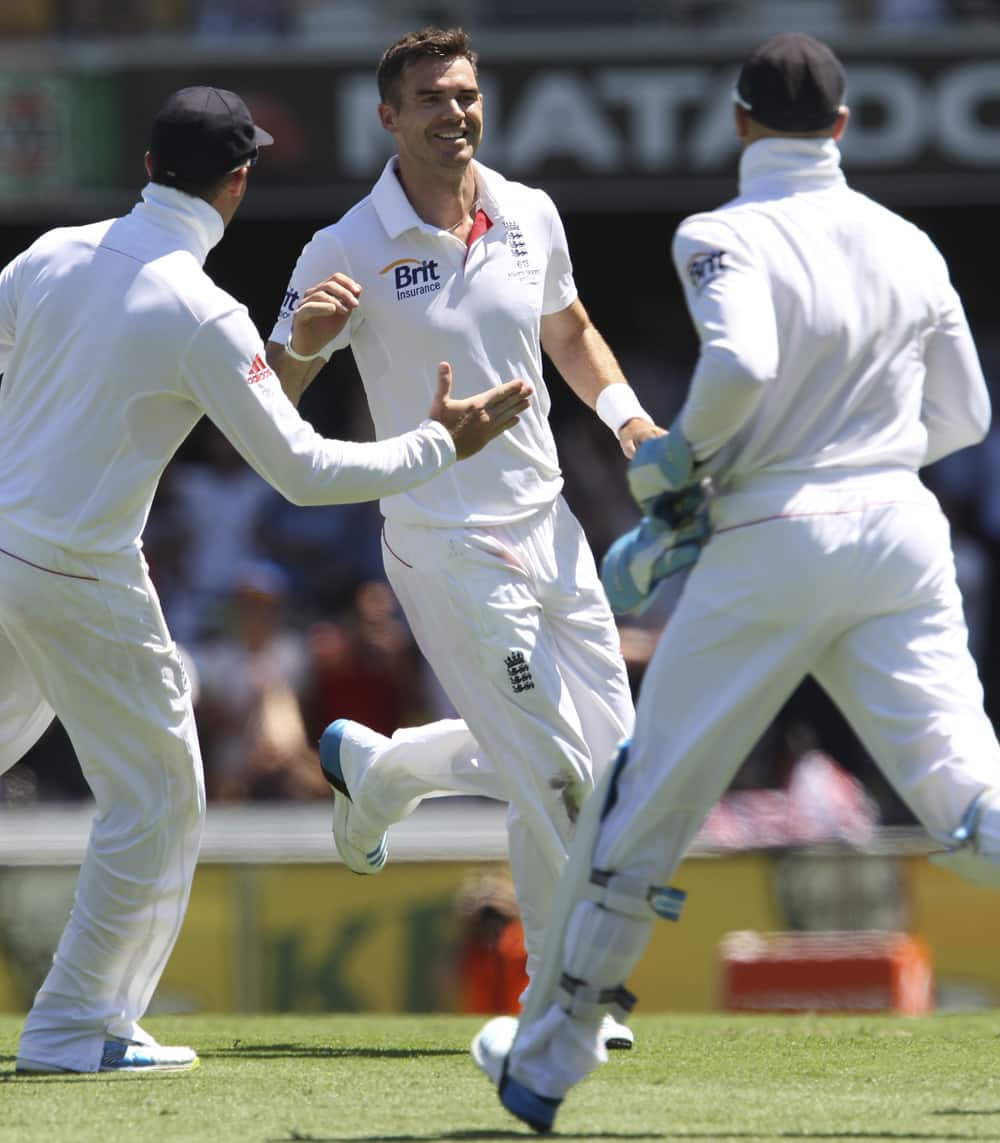 England's James Anderson celebrates after he got the wicket of Australia's George Bailey on the first day of the series-opening Ashes test between England and Australia at the Gabba in Brisbane, Australia.