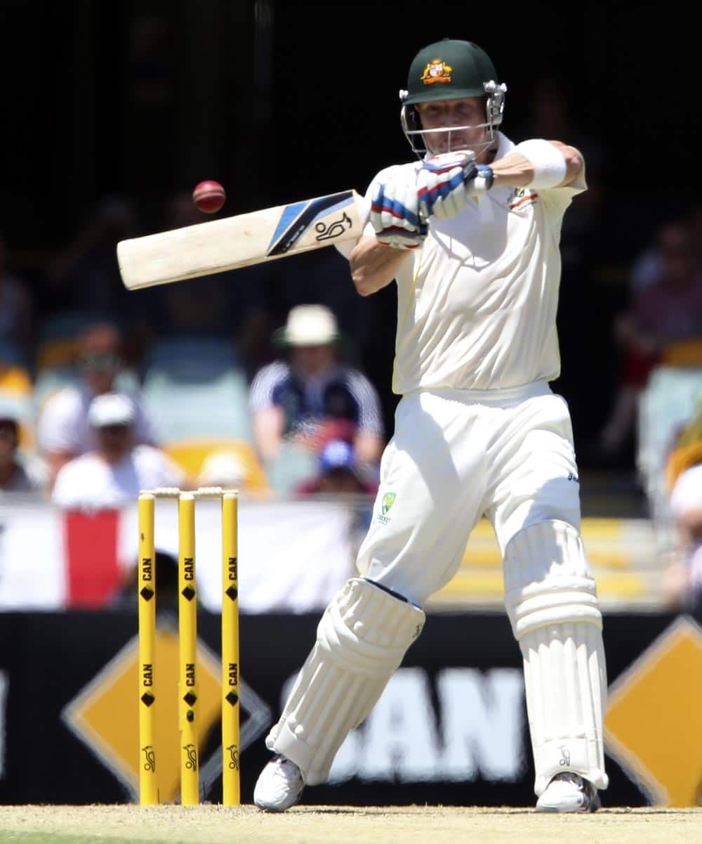 Australia's Brad Haddin plays a shot on the second day of the series-opening Ashes cricket test between England and Australia at the Gabba in Brisbane.