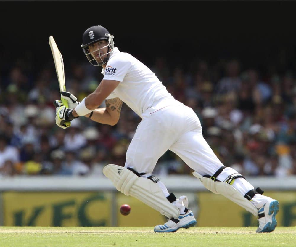 England's Kevin Pietersen plays a shot on the second day of the series-opening Ashes cricket test between England and Australia at the Gabba in Brisbane.