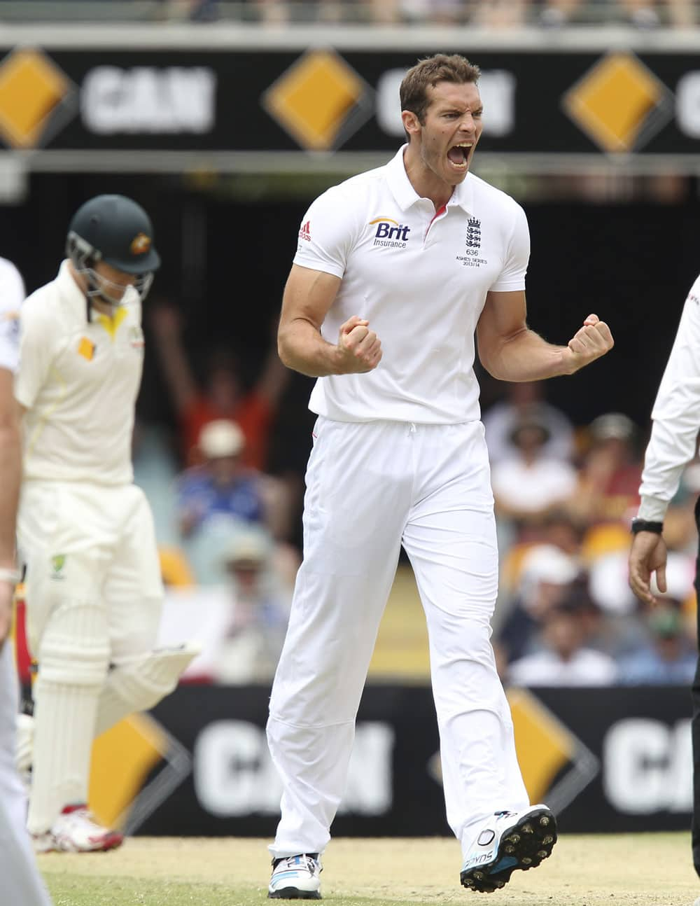 England's Chris Tremlett celebrates after he got the wicket of Australia's Shane Watson, left, on the third day of their series-opening Ashes cricket test match at the Gabba in Brisbane.