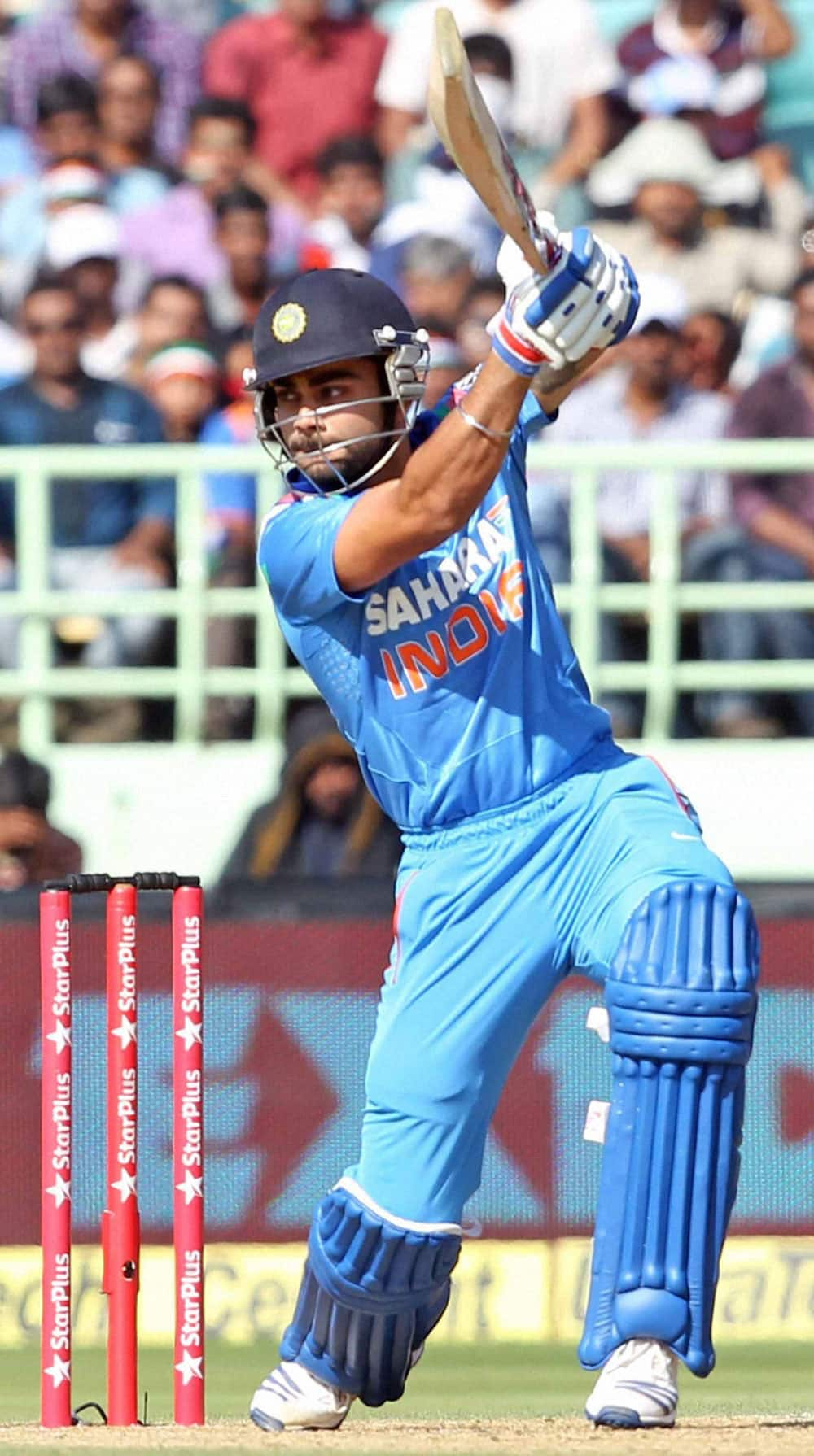 Cricketer Virat Kohli plays a shot during India vs West Indies 2nd ODI match in Visakhapatnam.