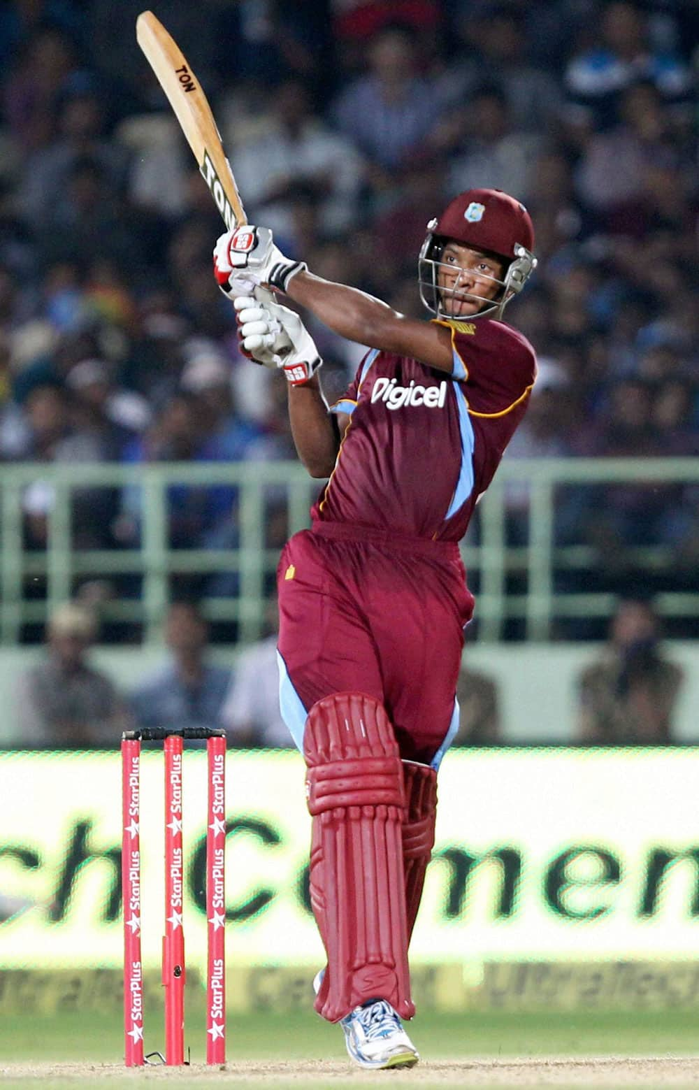 West Indies Cricketer K Powell plays a shot during India vs West Indies 2nd ODI Match in Visakhapatnam.