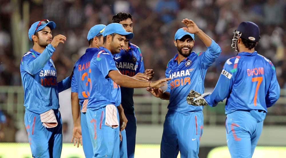 Indian team celebrates during the India vs West Indies 2nd ODI match in Visakhapatnam.