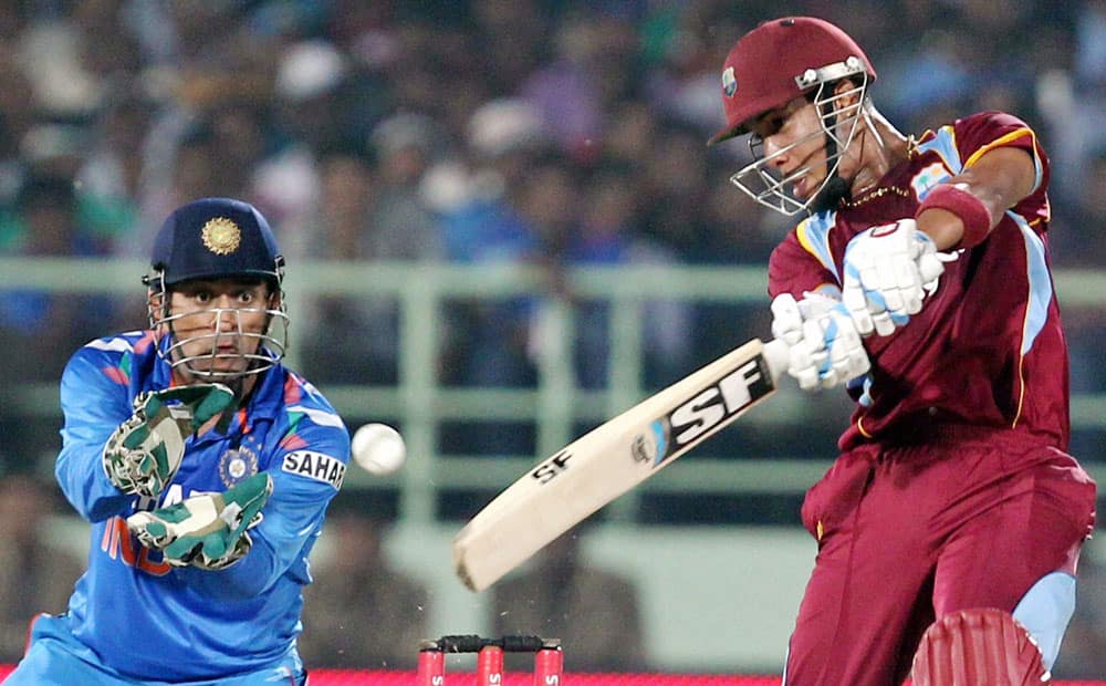 West Indies Cricketer L Simmons plays a shot during the India vs West Indies 2nd ODI Match in Visakhapatnam.