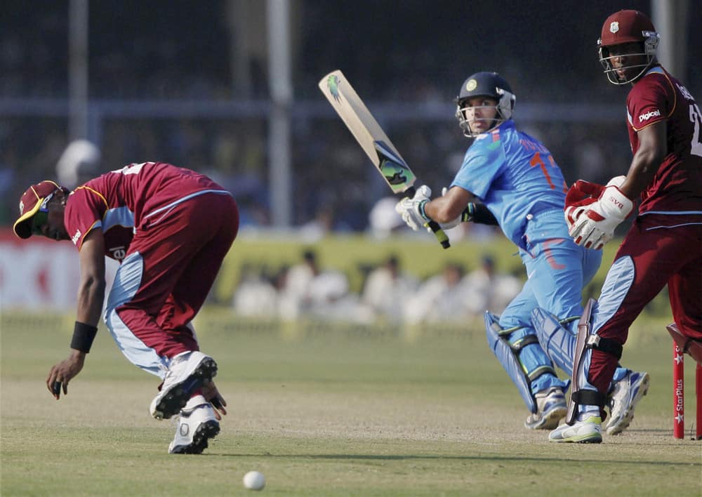 Yuvraj Singh plays a shot during the last ODI match against West Indies at Green Park stadium in Kanpur.