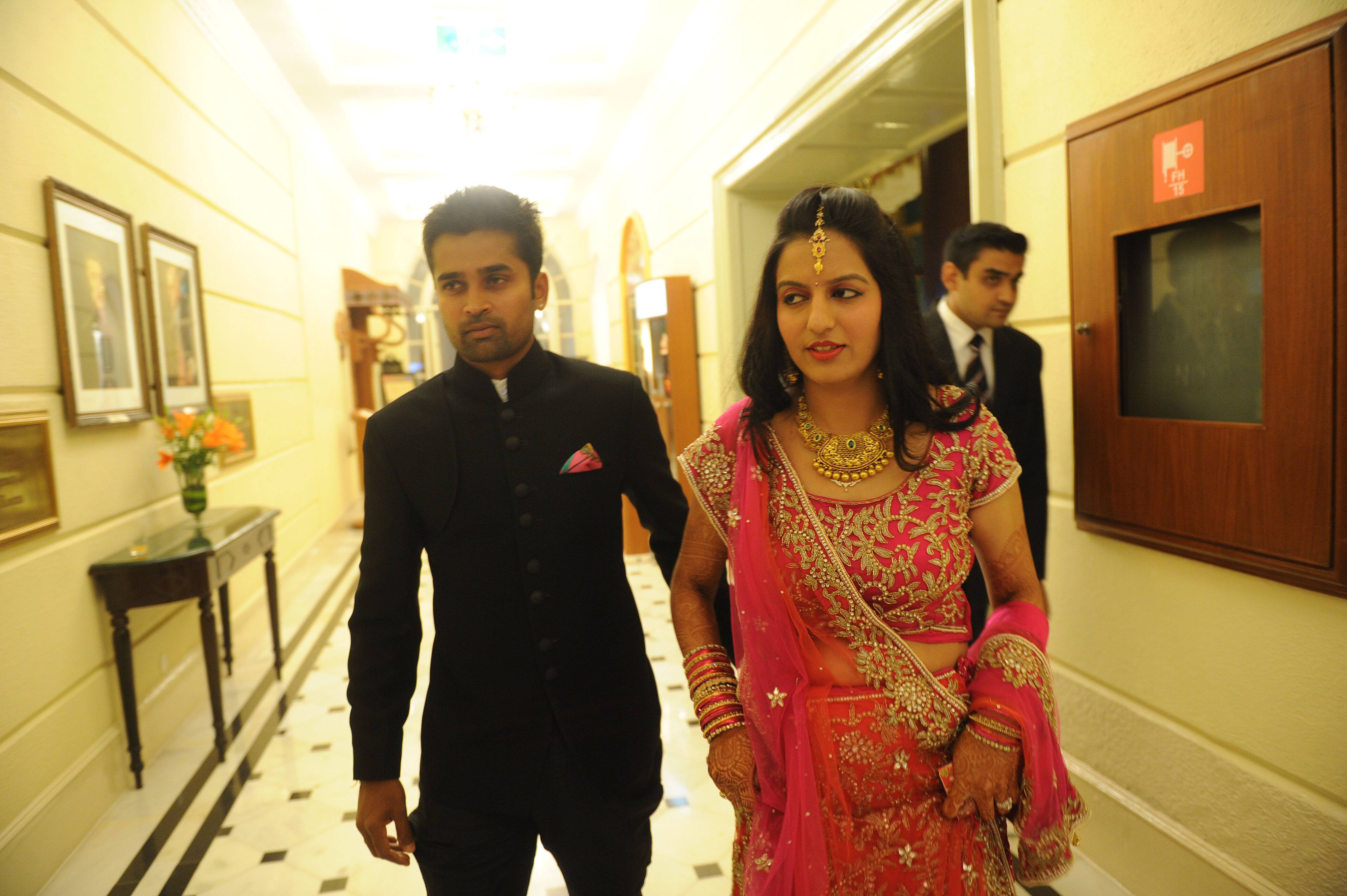 Vinay Kumar married to Richa yesterday arriving for their reception today at Windsor Manor hotel in Bangalore. Pic Courtesy: A Veeramani.DNA