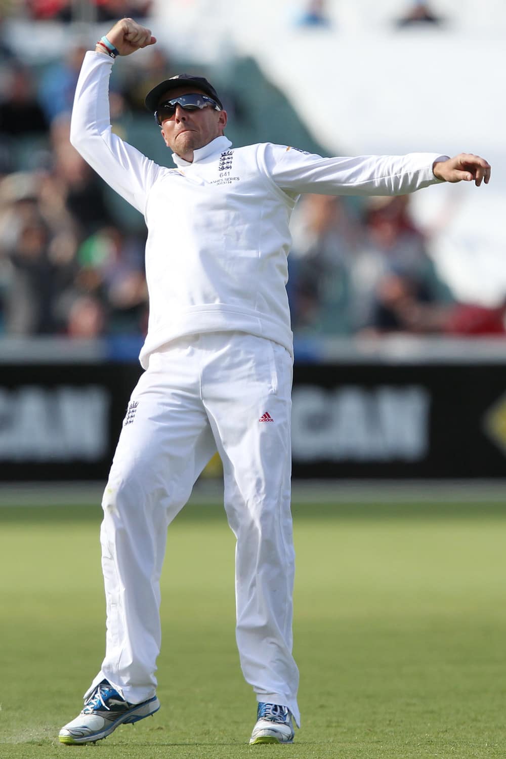 Graeme Swan celebrates after taking Australia's George Bailey caught during their second Ashes cricket test match in Adelaide, Australia.