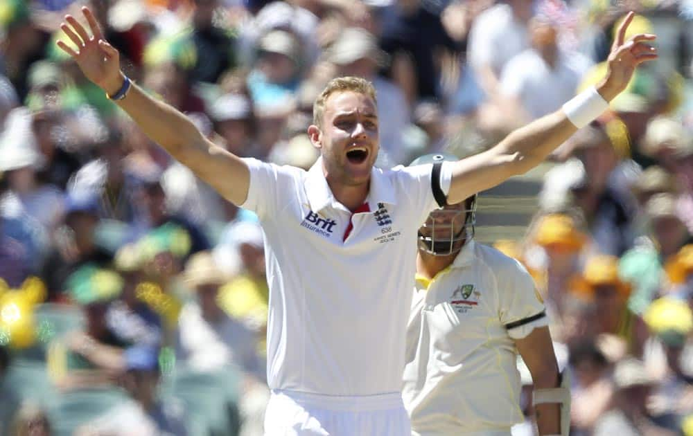 England's Stuart Broad unsuccessfully appeals for LBW against Australia's Ryan Harris during the second Ashes cricket test match between England and Australia, in Adelaide.