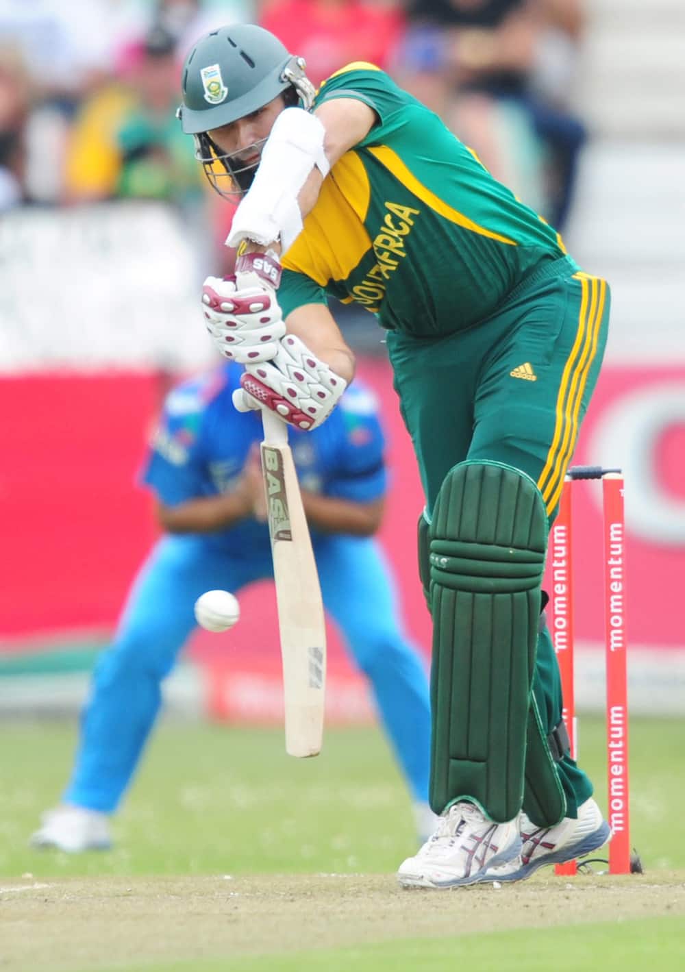 South Africa's Hashim Amla blocks a ball during during their second one day international against India in Durban.