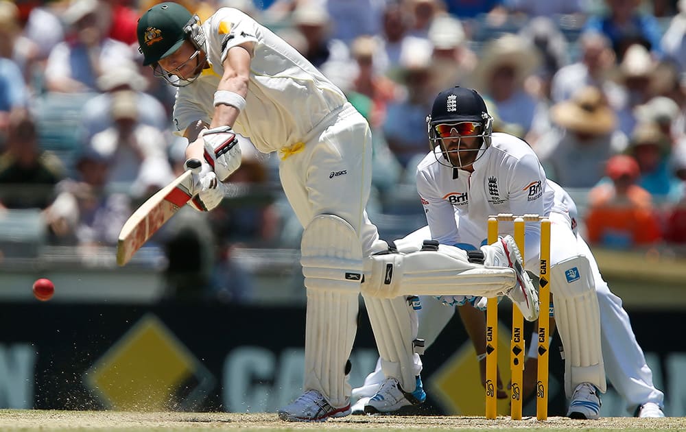 Australia's Steve Smith plays a shot on the first day of the Ashes cricket test match against England in Perth, Australia.