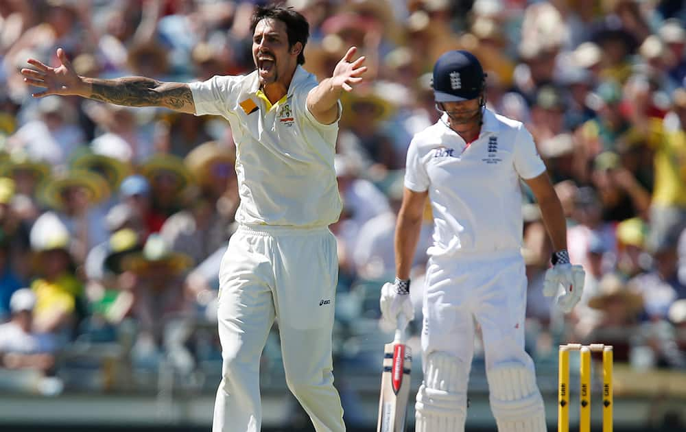 Australia's Mitchell Johnson appeals for an lbw against England's Alastair Cook on the second day of their Ashes cricket test match in Perth, Australia.