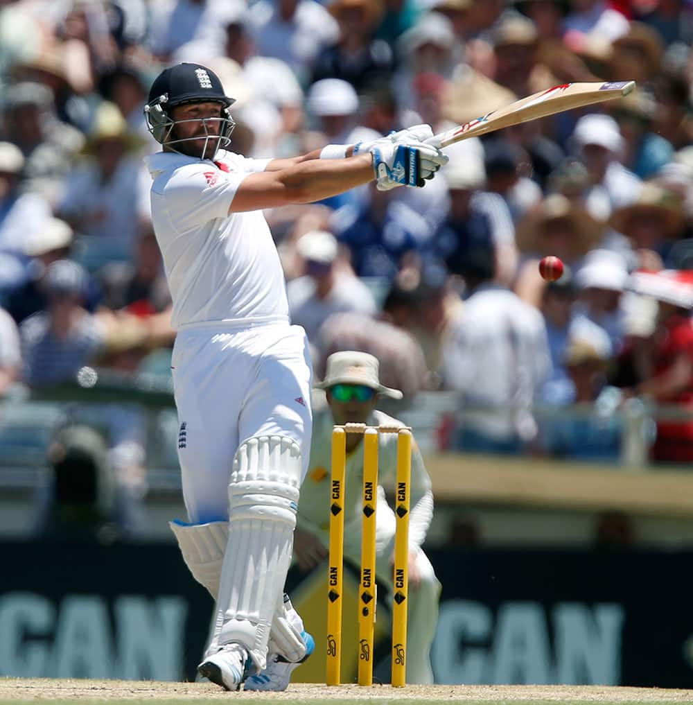 England's Matt Prior plays a hook shot on the third day of their Ashes cricket test match against Australia in Perth.