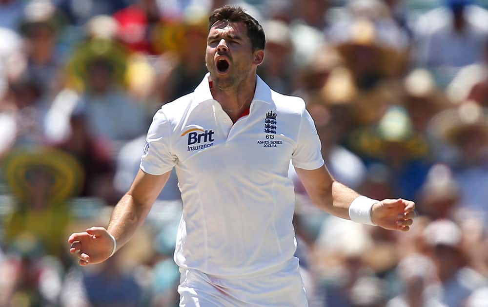 England's James Anderson appeals for a wicket during Australia's second innings on the third day of their Ashes cricket test match in Perth, Australia.