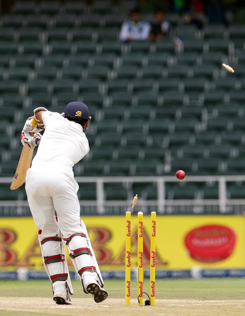 Mohammad Shami is bowled for a duck during the second day of their cricket test match against South Africa at Wanderers stadium in Johannesburg, South Africa.
