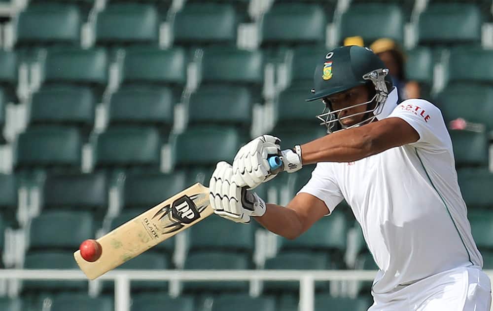 Vernon Philander plays a shot during the second day of their cricket test match against India at Wanderers stadium in Johannesburg, South Africa.
