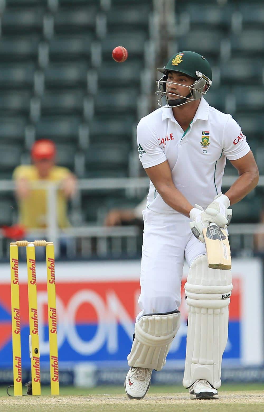 South Africa's batsman Alviro Petersen watches his shot bounce next to him, during their 2nd innings on the fourth day of their cricket test match against India at Wanderers stadium in Johannesburg.