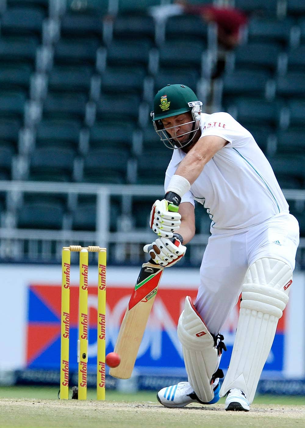South Africa's batsman Jacques Kallis plays a shot against India during the fourth and final day of their cricket test match at Wanderers stadium in Johannesburg, South Africa.