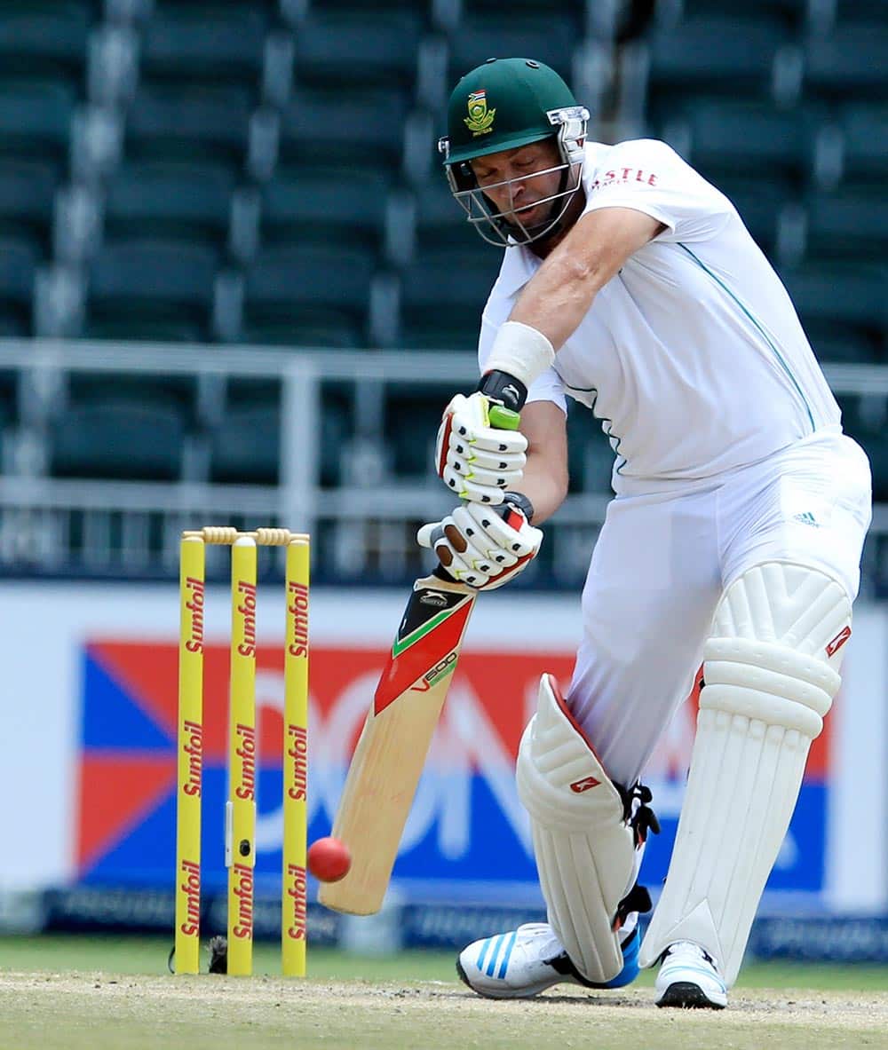 South Africa's batsman Jacques Kallis plays a shot against India during the fourth and final day of their cricket test match at Wanderers stadium in Johannesburg.