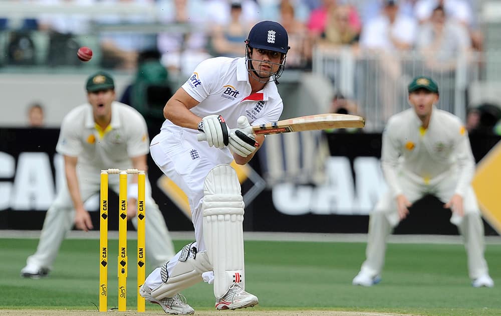 England's Alastair Cook plays a stroke on the first day of their Ashes cricket test match against Australia at the Melbourne Cricket Ground in Melbourne, Australia.