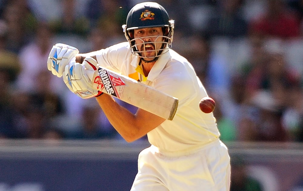 Australia's Mitchell Johnson plays a shot against England during their Ashes cricket test match at the Melbourne Cricket Ground in Melbourne, Australia.