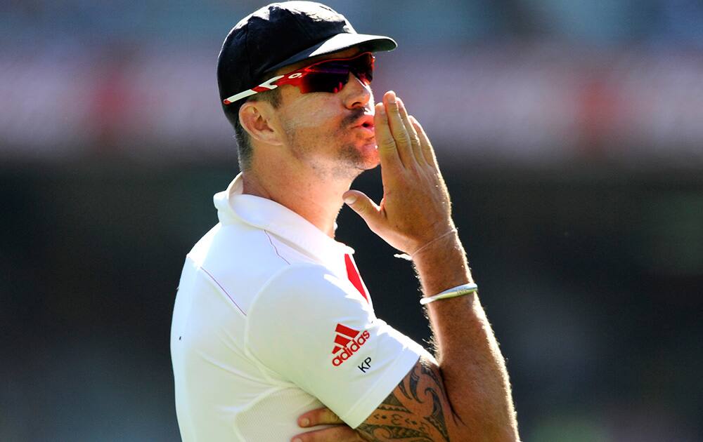 England's Kevin Pietersen blows a kiss while fielding against Australia during their Ashes cricket test match at the Melbourne Cricket Ground in Melbourne, Australia.