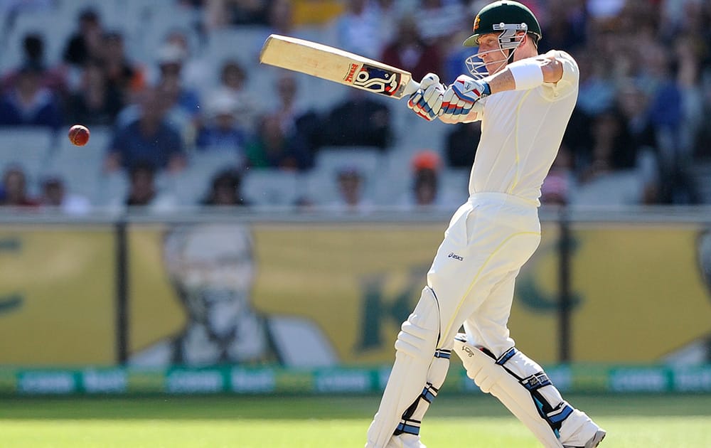 Australia's Brad Haddin plays a shot against England during their Ashes cricket test match at the Melbourne Cricket Ground in Melbourne, Australia.