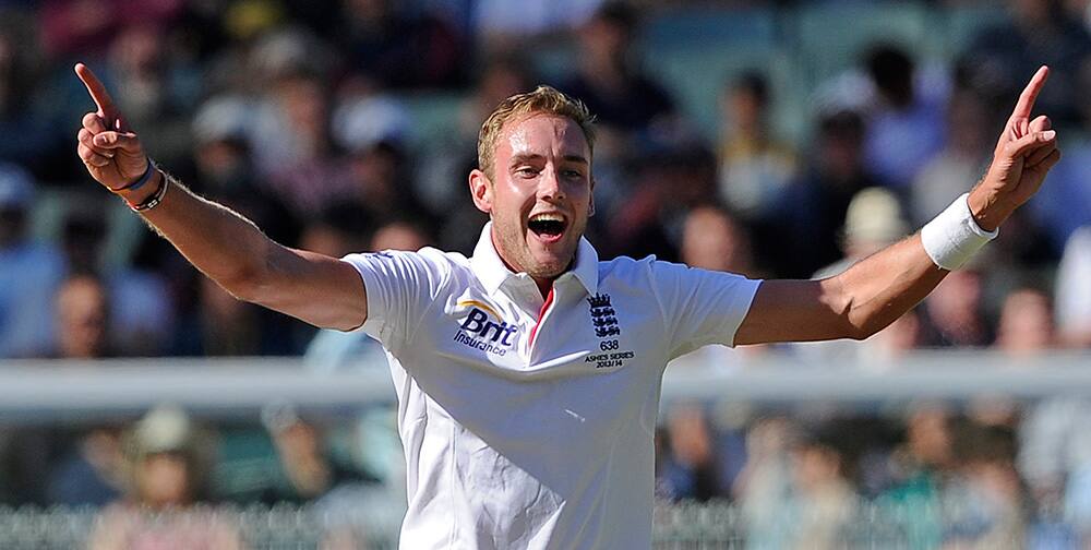 England Stuart Broad, celebrates after taking the wicket of Australia's Ryan Harris for 6 runs during their Ashes cricket test match at the Melbourne Cricket Ground in Melbourne, Australia.