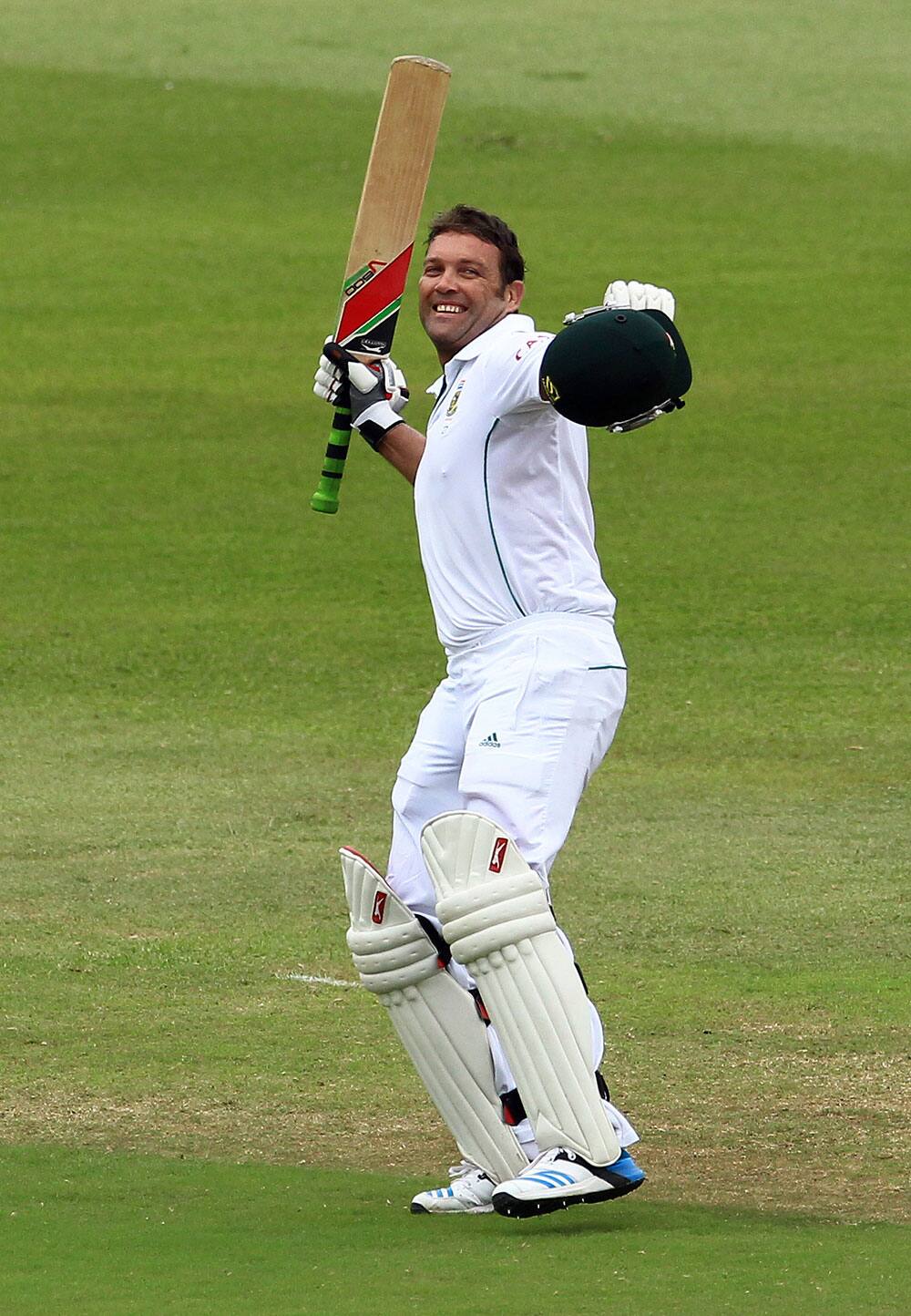 SOUTH AFRICA`S BATSMAN JACQUES KALLIS CELEBRATES HIS CENTURY ON THE FORTH DAY OF THEIR CRICKET TEST MATCH AGAINST INDIA AT KINGSMEAD STADIUM IN DURBAN, SOUTH AFRICA.